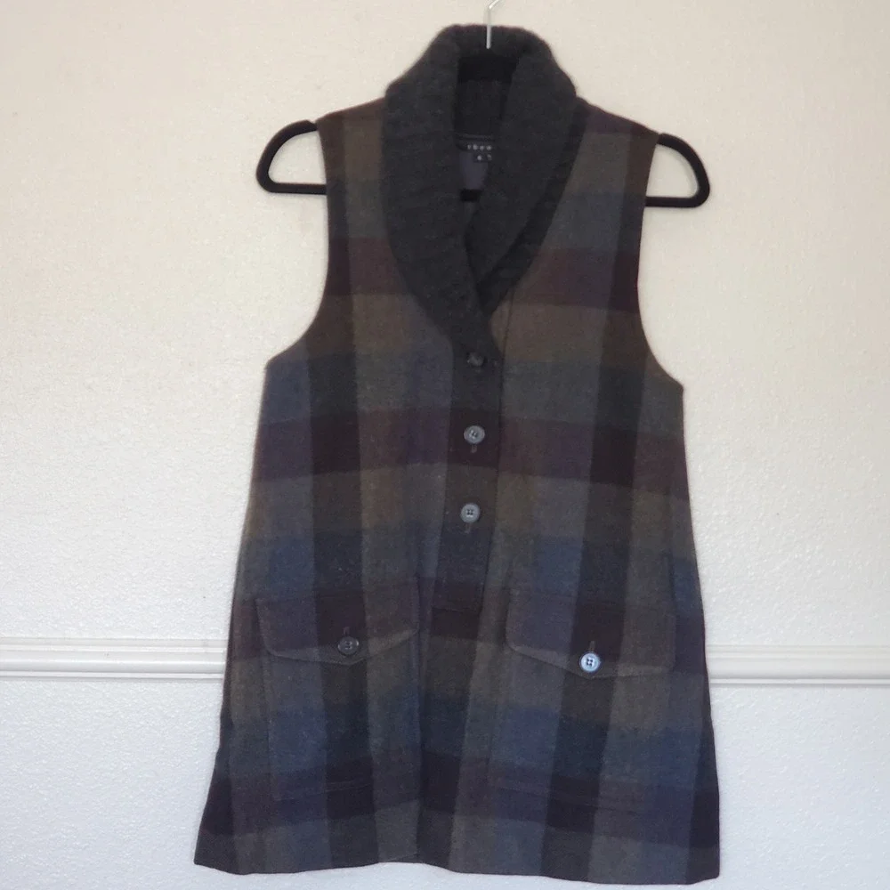 Theory Kellsie Plaid Wool Vest Shawl Collar Brown Blue Grey 91171606 Womens 6 - Picture 1 of 14